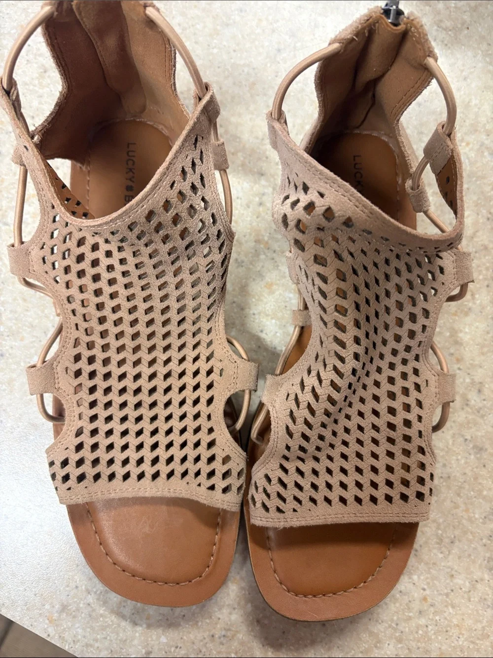 Lucky Brand Beige Tan Perforated Suede High-Cut Sandals